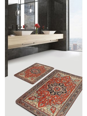 Rem Home Remhome 2'li Set Kırmızı Zeminde Geleneksel Motifli Pers Desenli Avangarde Vintage 2'li Banyo Paspas Takımı Takım Banyo Paspası
