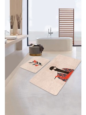 Rem Home Remhome Zenci Adam Çiçek Motifli 2'li Banyo Halı Seti & Klozet Paspas Takımı Takım Banyo Paspası