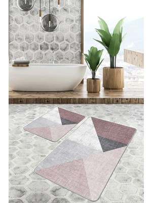 Rem Home Remhome 2'li Set Pembe - Gri Zeminde Geometrik Motifli Üçgen Geometrik Modern 2'li Banyo Paspas Takımı Takım Banyo Paspası