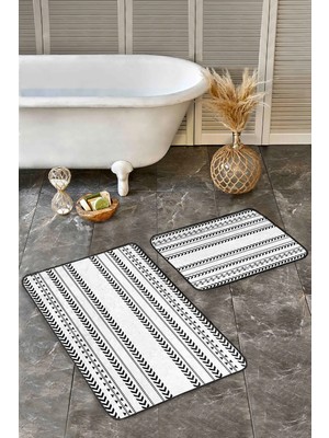 Rem Home Remhome Siyah - Beyaz Zeminde Yöresel Motifli Iskandinav Desenli Etnik Motifler 2'li Banyo Paspas Takımı Takım Banyo Paspası