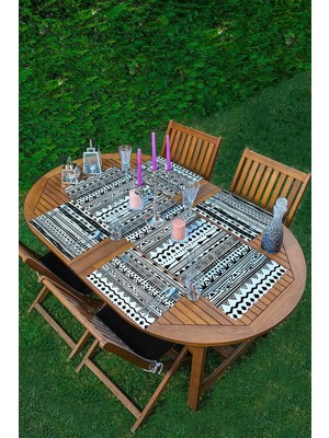 Rem Home Remhome 4+1 Siyah Beyaz Etnik Motifli Amerikan Servis & Runner Seti