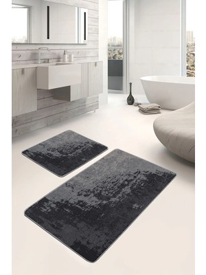 Rem Home Remhome Siyah - Füme Zeminde Eskitme Motifli Antik Eskitme Motifli Vintage 2'li Banyo & Mutfak Paspas Takımı Takım Banyo Paspası