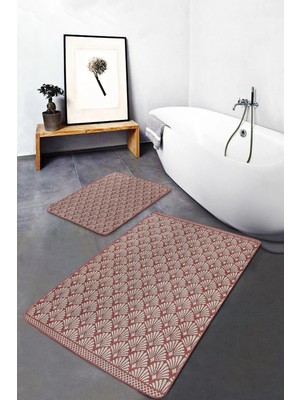 Rem Home Remhome 2'li Set Kırmızı - Krem Zeminde Örgü Motifli Etnik Geometrik Sade & Şık 2'li Banyo Paspas Takımı Takım Banyo Paspası