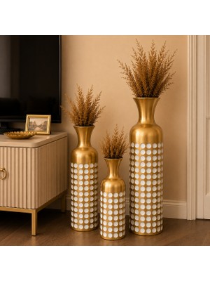 Vien Home Seramik Görünümlü Metal Dekoratif Yer Vazosu – Gold Beyaz Puantiyeli Modern Salon Vazosu