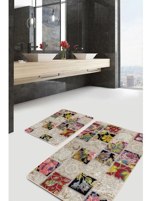 Rem Home Remhome 2'li Set Geleneksel Zeminde Patchwork Motifli Etnik Vintage Avangarde 2'li Banyo Paspas Takımı Takım Banyo Paspası
