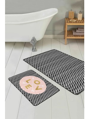Rem Home Remhome Zigzag Zemin Love Motifli Dijital Baskılı 2'li Kaymaz Tabanlı Banyo & Mutfak Paspas Takımı Takım Banyo Paspası