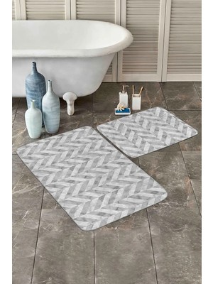 Rem Home Remhome Gri Mermer Motifli Ebru Desenli Dijital Baskılı 2'li Kaymaz Tabanlı Banyo & Mutfak Paspas Takımı Takım Banyo Paspası