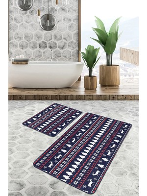 Rem Home Remhome Lacivert Zemin Kanaviçe Yılbaşı Temalı 2'li Kaymaz Tabanlı Banyo & Mutfak Paspas Takımı Takım Banyo Paspası