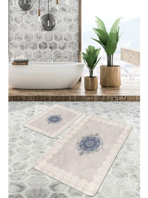 Rem Home Remhome 2'li Set Krem - Mavi Zeminde Çerçeveli Motifli Etnik Avangarde Vintage 2'li Banyo Paspas Takımı Takım Banyo Paspası
