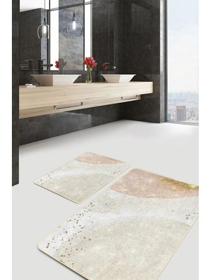 Rem Home Remhome 2'li Set Gold - Krem Zeminde Modern Motifli Abstract Desenli Bohem Klasik 2'li Banyo Paspas Takımı Takım Banyo Paspası