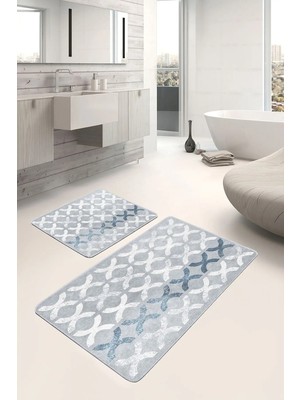 Rem Home Remhome 2'li Set Gri Zeminde Dokuma Halı Motifli Geometrik Geometrik Sade & Şık 2'li Banyo Paspas Takımı Takım Banyo Paspası