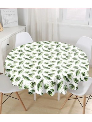 Rem Home Remhome Yeşil Tropik Yapraklar Tasarımlı Dijital Baskılı Modern Yuvarlak Masa Örtüsü - Çap 140CM 140 x 140 cm