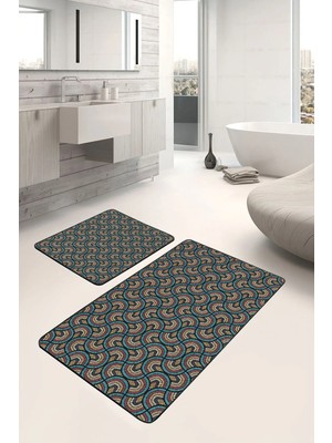 Rem Home Remhome Mavi - Kahverengi Zeminde Etnik Motifli Art Deco Geometrik Vintage 2'li Banyo & Mutfak Paspas Takımı Takım Banyo Paspası