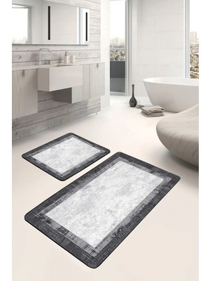 Rem Home Remhome Siyah - Gri Zeminde Çerçeveli Motifli Eskitme Motifli Avangarde 2'li Banyo Paspas Takımı Takım Banyo Paspası