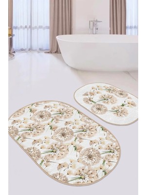 Rem Home Remhome Karahindiba Temalı Dijital Baskılı Özel Tasarım 2'li Oval Kaymaz Tabanlı Banyo & Mutfak Paspas Seti Takım Banyo Paspası