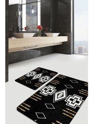 Rem Home Remhome Siyah Zeminde Kilim Motifli Geometrik Desenli Vintage Geometrik 2'li Banyo & Mutfak Paspas Takımı Takım Banyo Paspası