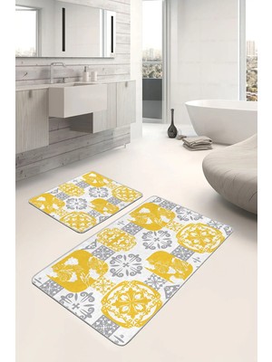 Rem Home Remhome 2'li Set Sarı - Gri Zeminde Etnik Motifli Monogram Vintage Sade & Şık 2'li Banyo Paspas Takımı Takım Banyo Paspası