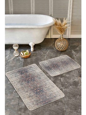 Rem Home Remhome 2'li Set Kahverengi Zeminde Tribal Motifli Antik Eskitme Motifli Klasik 2'li Banyo Paspas Takımı Takım Banyo Paspası