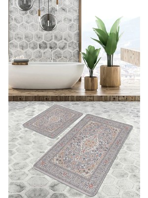 Rem Home Remhome 2'li Set Gri Zeminde Kilim Motifli Uşak Desenli Avangarde Vintage 2'li Banyo & Mutfak Paspas Takımı Takım Banyo Paspası