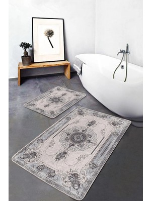 Rem Home Remhome Krem Zeminde Kilim Motifli Vintage Etnik Motifler Eskitme Motifli 2'li Banyo & Mutfak Paspas Takımı Takım Banyo Paspası