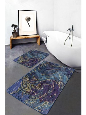 Rem Home Remhome 2'li Set Tablo Zeminde Kanvas Motifli Fırça Darbeleri Desenli Modern Klasik 2'li Banyo Paspas Takımı Takım Banyo Paspası