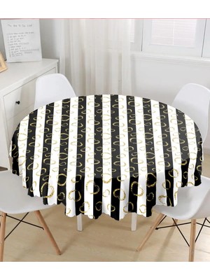 Rem Home Remhome Siyah Beyaz Zemin Üzerinde Gold Kalp Baskılı Yuvarlak Masa Örtüsü - Çap 140CM 140 x 140 cm