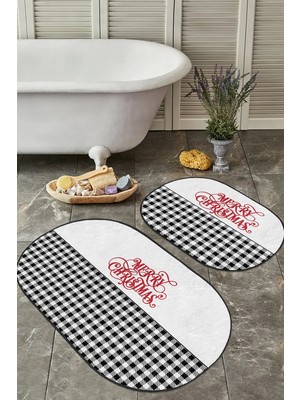 Rem Home Remhome Siyah Ekose Mery Christmas Temalı 2'li Oval Banyo Halısı Seti & Mutfak Paspas Takımı Takım Banyo Paspası