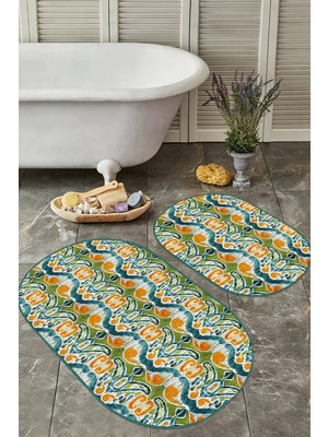 Rem Home Remhome Özel Tasarım Dijital Baskılı 2'li Oval Banyo Paspas Takımı & Mutfak Paspas Seti Takım Banyo Paspası