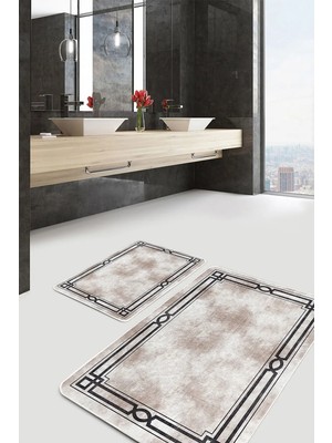 Rem Home Remhome Kahverengi Zeminde Çerçeveli Motifli Eskitme Geometrik Sade & Şık 2'li Banyo & Mutfak Paspas Takımı Takım Banyo Paspası