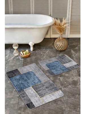 Rem Home Remhome Füme - Mavi Zeminde Geometrik Motifli Modern Sanat Geometrik Sade & Şık 2'li Banyo Paspas Takımı Takım Banyo Paspası