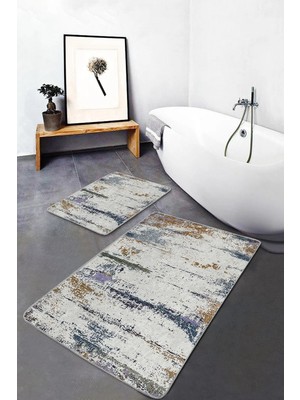 Rem Home Remhome 2'li Set Krem Zeminde Eskitme Motifli Örgü Desenli Eskitme Motifli Vintage 2'li Banyo Paspas Takımı Takım Banyo Paspası