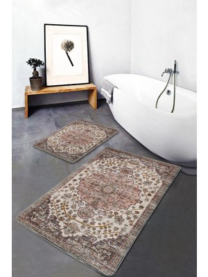Rem Home Remhome Krem - Çok Renkli Zeminde Uşak Motifli Dokuma Halı Avangarde Vintage 2'li Banyo Mutfak Paspas Takımı Takım Banyo Paspası