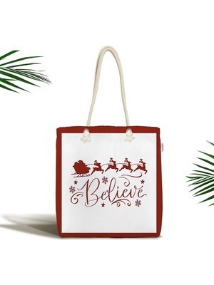 Rem Home Remhome Believe Temalı Noel Baba ve Geyikleri Özel Tasarım Fermuarlı Kumaş Omuz Çantası