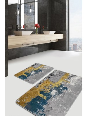Rem Home Remhome 2'li Set Gold Zeminde Eskitme Motifli Boyama Desenli Eskitme Motifli Modern 2'li Banyo Paspas Takımı Takım Banyo Paspası