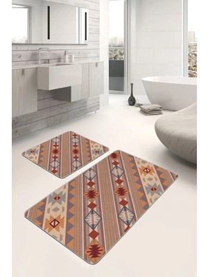 Rem Home Remhome 2'li Set Etnik Zeminde Retro Motifli Kilim Desenli Vintage Etnik Motifler 2'li Banyo Paspas Takımı Takım Banyo Paspası