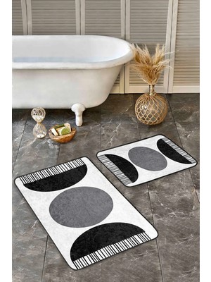 Rem Home Remhome 2'li Set Gri - Siyah Zeminde Bohem Motifli Modern Sanat Bohem Sade & Şık 2'li Banyo Paspas Takımı Takım Banyo Paspası