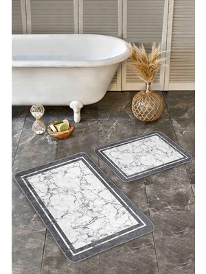Rem Home Remhome Beyaz Zeminde Çerçeve Motifli Mermer Desenli Sade & Şık Klasik 2'li Banyo & Mutfak Paspas Takımı Takım Banyo Paspası