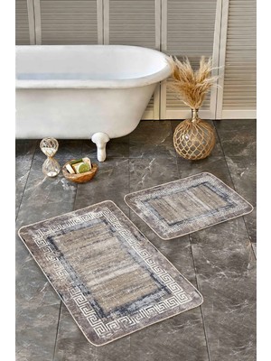 Rem Home Remhome Kahverengi Zeminde Çerçeveli Motifli Eskitme Motifli Vintage 2'li Banyo & Mutfak Paspas Takımı Takım Banyo Paspası