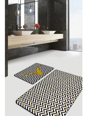 Rem Home Remhome Zizag Zemin Gold Kar Tanesi Geyik Detaylı 2'li Kaymaz Tabanlı Banyo & Mutfak Paspas Takımı Takım Banyo Paspası