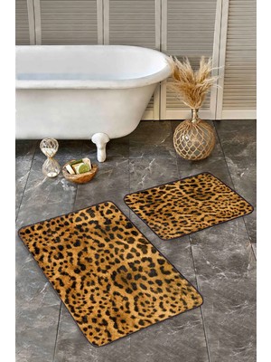 Rem Home Remhome 2'li Set Siyah - Turuncu Zeminde Leopar Motifli Kürk Sade & Şık Klasik 2'li Banyo Paspas Takımı Takım Banyo Paspası
