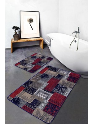 Rem Home Remhome Lacivert - Kırmızı Zeminde Patchwork Motifli Kilim Klasik Vintage 2'li Banyo & Mutfak Paspas Takımı Takım Banyo Paspası