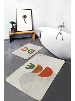 Rem Home Remhome Pastel Renkli Zemin Onedraw Motifli Dijital Baskılı 2'li Kaymaz Tabanlı Banyo & Mutfak Paspas Takımı Takım Banyo Paspası
