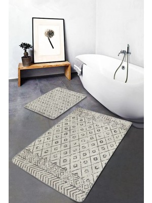 Rem Home Remhome 2li Set Bej Zeminde Bohem Motifli Baklava Desenli Eskitme Motifli Geometrik 2'li Banyo Paspas Takımı Takım Banyo Paspası