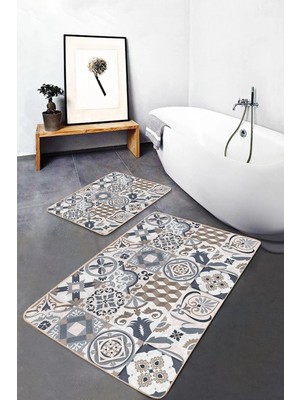 Rem Home Remhome 2li Set Beyaz Zeminde Morrocan Motifli Etnik Desenli Etnik Motifler Vintage 2'li Banyo Paspas Takımı Takım Banyo Paspası