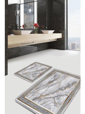 Rem Home Remhome 2'li Set Gri - Gold Zeminde Çerçeveli Motifli Mermer Desenli Vintage Klasik 2'li Banyo Paspas Takımı Takım Banyo Paspası