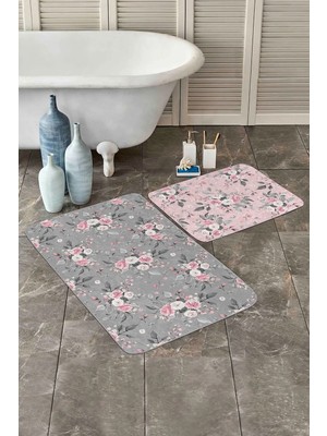 Rem Home Remhome Gri & Pembe Zemin Gül Özel Tasarımlı 2'li Kaymaz Tabanlı Banyo & Mutfak Paspas Takımı Takım Banyo Paspası