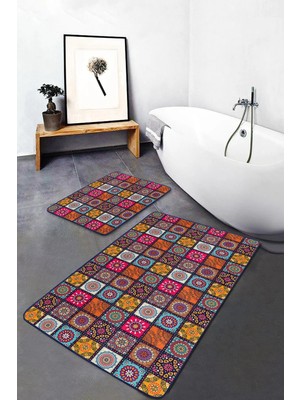 Rem Home Remhome Kareli Etnik Motifli Özel Tasarımlı 2'li Kaymaz Tabanlı Banyo & Mutfak Paspas Takımı Takım Banyo Paspası
