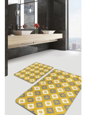 Rem Home Remhome 2'li Set Gri - Sarı Zeminde Etnik Motifli Geometrik Geometrik Sade & Şık 2'li Banyo Paspas Takımı Takım Banyo Paspası