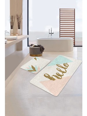 Rem Home Remhome Soft Renkli Gold Detaylı Hello Temalı 2'li Kaymaz Tabanlı Banyo & Mutfak Paspas Takımı Takım Banyo Paspası