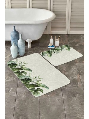 Rem Home Remhome Krem Zeminli Yeşil Tropik Yapraklar Özel Tasarım 2'li Kaymaz Tabanlı Banyo & Mutfak Paspas Takımı Takım Banyo Paspası
